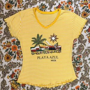 VTG Y2K Playa Azul Michoacán Yellow White‎ Striped Graphic Tee Lettuce Edge - XS